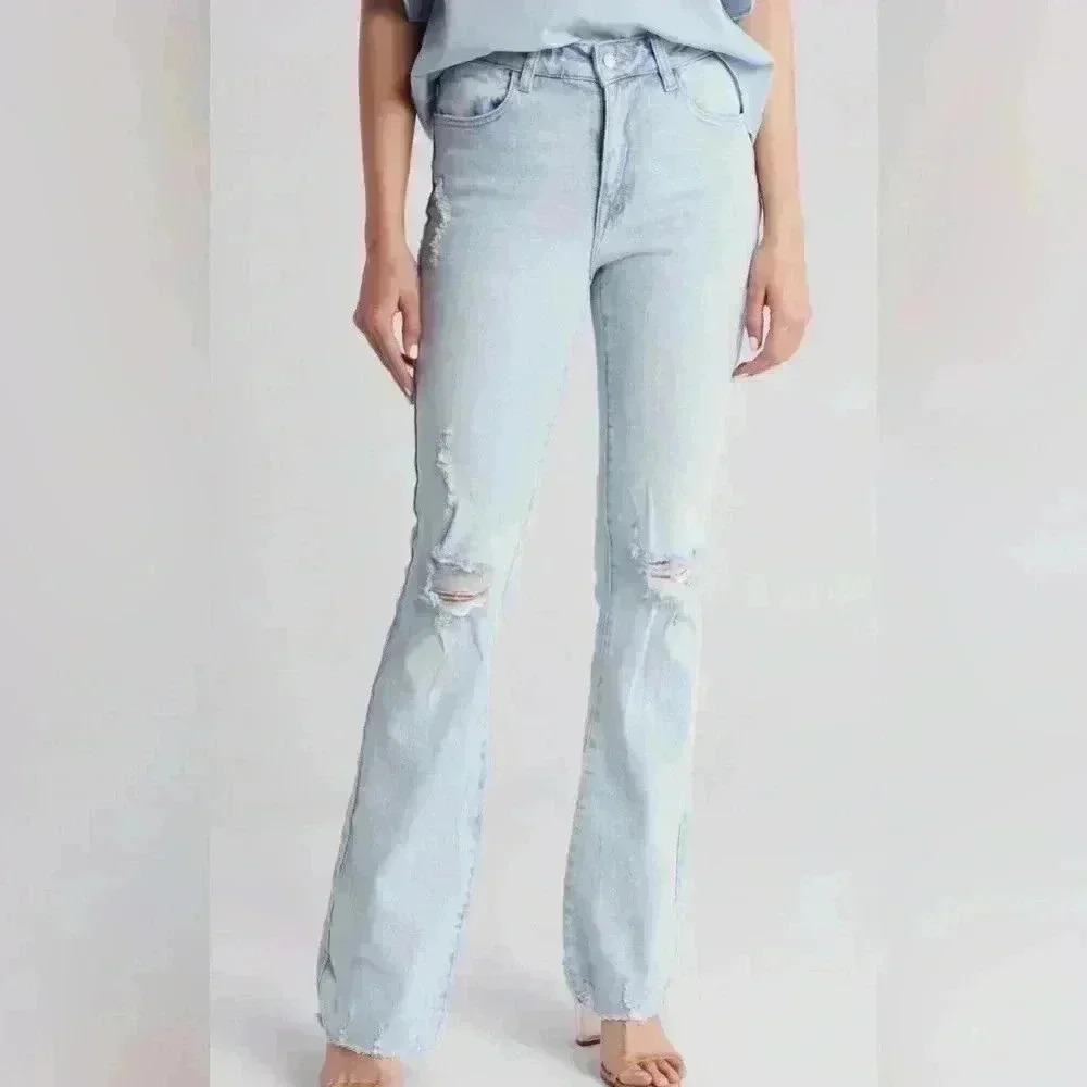 OAT NEW YORK High Rise Distressed Flare Jeans In Vanilla Sky Light Size 26